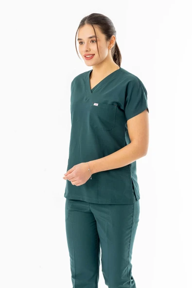 Terikoton Yarasa Kol Doktor Hemşire Forması Alt Üst Takım Avcı Yeşili (TYRS0007) - 2
