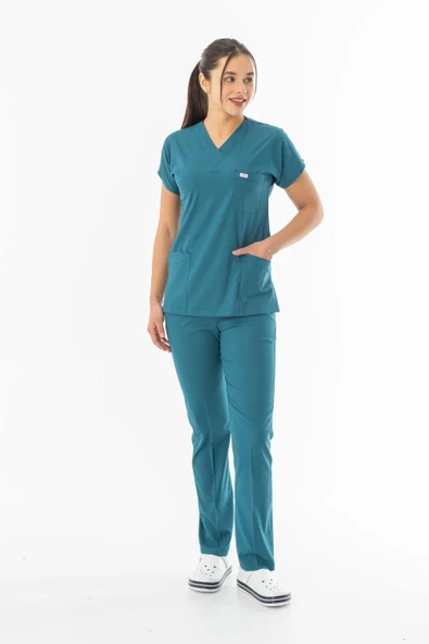 Likra Yarasa Kol Doktor Hemşire Forması Alt Üst Takım Petrol Yeşili (LYRS1015) - 2