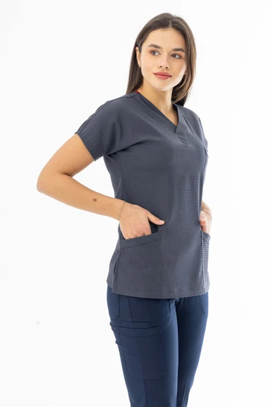 Gofre Likra Yarasa Kol Doktor Hemşire Tek Üst Forma Füme Gri (GFR3005) - 3