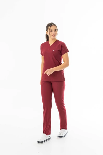 Likra Yarasa Kol Doktor Hemşire Forması Alt Üst Takım Bordo (LYRS1003) - 2