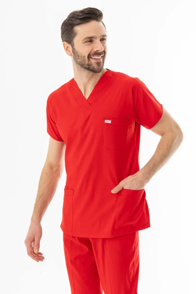 Likra Yarasa Kol Doktor Hemşire Forması Alt Üst Takım Kırmızı (LYRS1008) - 8