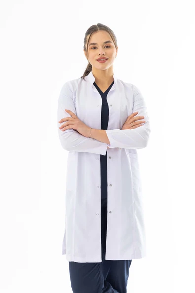 Hakim Yaka Uzun Boy Kadın Doktor Önlüğü Alpaka Kumaş Beyaz (BKO003) - 3
