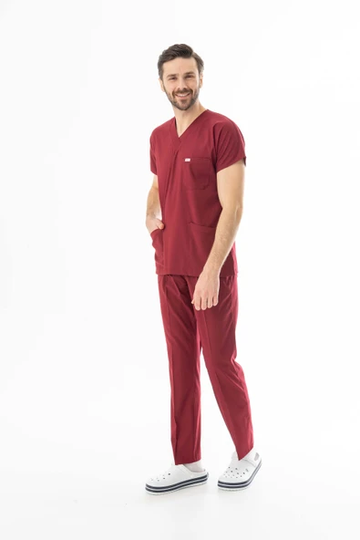 Likra Yarasa Kol Doktor Hemşire Forması Alt Üst Takım Bordo (LYRS1003) - 8