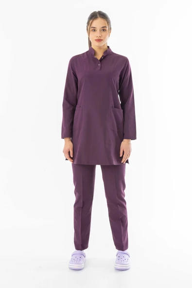 Terikoton Uzun Kol Doktor Hemşire Forması Alt Üst Takım Mürdüm (TTST0005) - 5