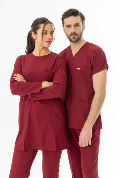 Likra Uzun Kol Doktor Hemşire Forması Alt Üst Takım Bordo (LTST20003) - 8
