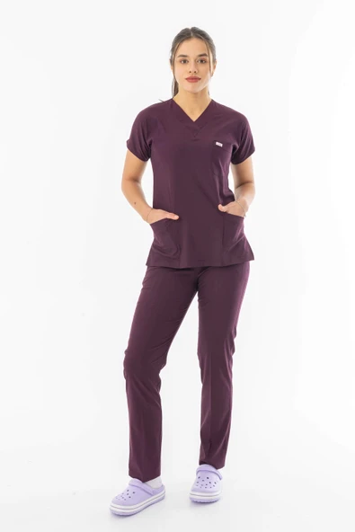 Likra Yarasa Kol Doktor Hemşire Forması Alt Üst Takım Mürdüm (LYRS1012) - 3