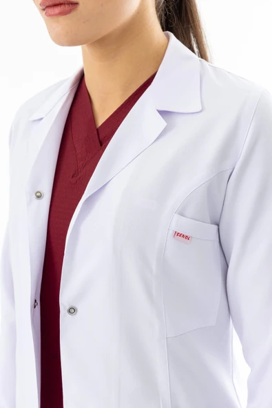 Spor Yaka Orta Boy Kadın Doktor Önlüğü Alpaka Kumaş Beyaz (BKO006) - 8