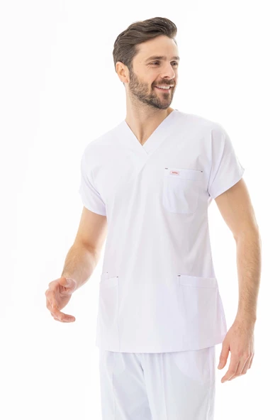 Likra Yarasa Kol Doktor Hemşire Forması Alt Üst Takım Beyaz (LYRS1014) - 8