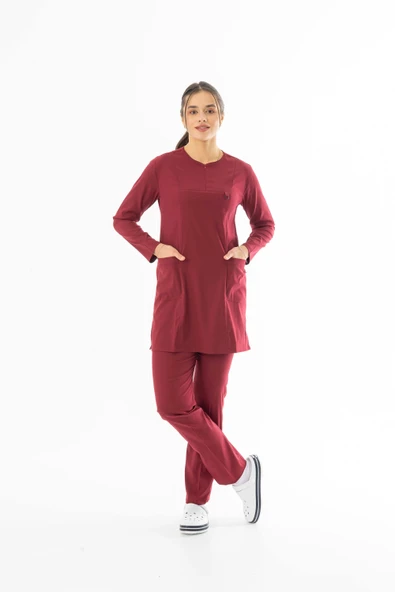 Likra Uzun Kol Doktor Hemşire Forması Alt Üst Takım Bordo (LTST20003) - 2