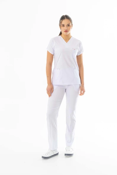 Likra Yarasa Kol Doktor Hemşire Forması Alt Üst Takım Beyaz (LYRS1014)