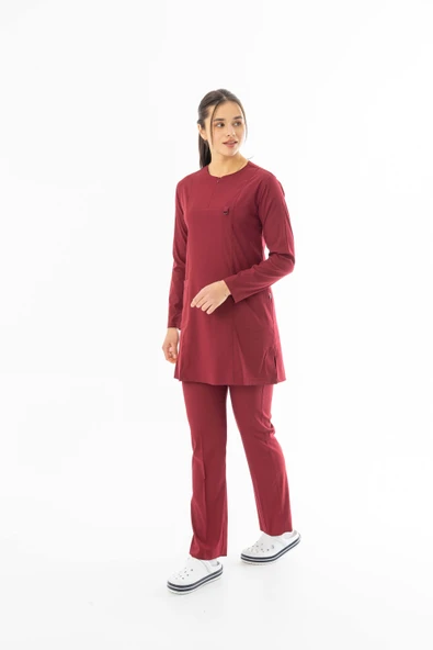 Likra Uzun Kol Doktor Hemşire Forması Alt Üst Takım Bordo (LTST20003)
