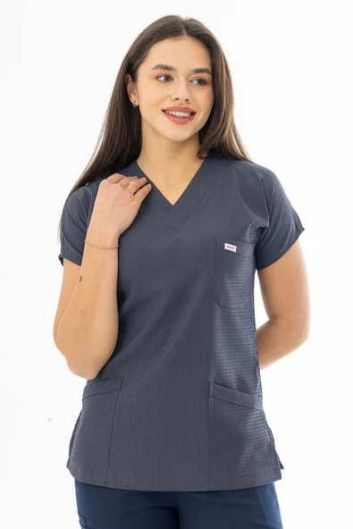 Gofre Likra Yarasa Kol Doktor Hemşire Tek Üst Forma Füme Gri (GFR3005) - 4