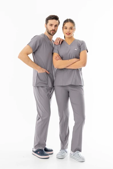 Likra Yarasa Kol Doktor Hemşire Forması Alt Üst Takım Açık Gri (LYRS1010) - 6