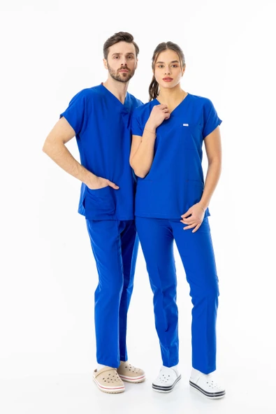 Terikoton Yarasa Kol Doktor Hemşire Forması Alt Üst Takım Saks Mavisi (TYRS00012) - 4