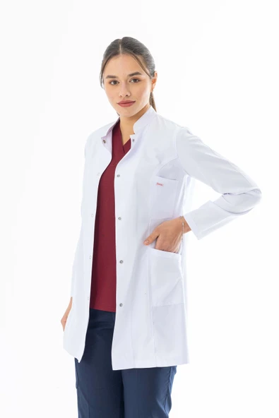 Hakim Yaka Orta Boy Kadın Doktor Önlüğü Alpaka Kumaş Beyaz (BKO002) - 2