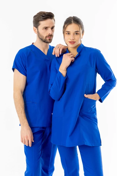 Terikoton Uzun Kol Doktor Hemşire Forması Alt Üst Takım Saks Mavisi (TTST00010) - 6