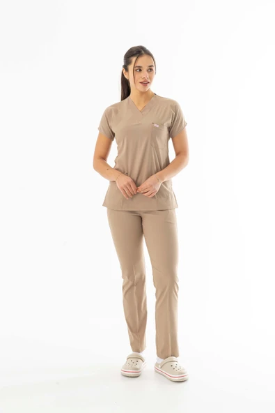 Likra Yarasa Kol Doktor Hemşire Forması Alt Üst Takım Bej (LYRS1007) - 2