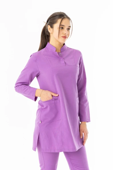 Terikoton Uzun Kol Doktor Hemşire Forması Alt Üst Takım Koyu Lila (TTST0009) - 3