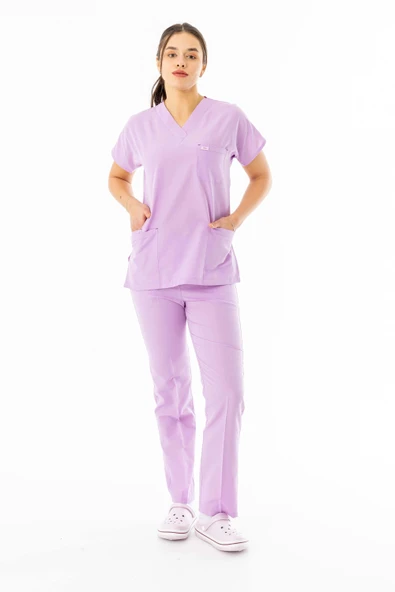 Terikoton Yarasa Kol Doktor Hemşire Forması Alt Üst Takım Lila (TYRS0008) - 2