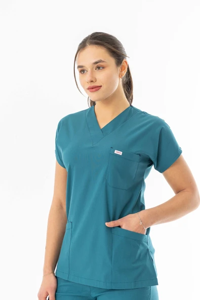 Likra Yarasa Kol Doktor Hemşire Forması Alt Üst Takım Petrol Yeşili (LYRS1015) - 4