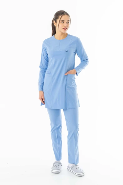 Likra Uzun Kol Doktor Hemşire Forması Alt Üst Takım Açık Mavi (LTST20019) - 3