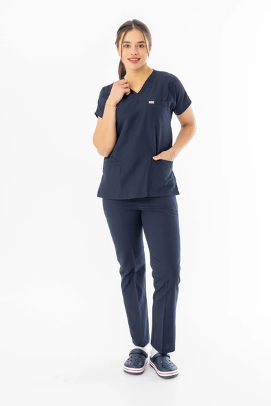 Terikoton Yarasa Kol Doktor Hemşire Forması Alt Üst Takım Lacivert (TYRS0001) - 2
