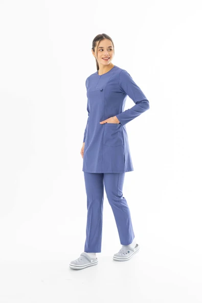 Likra Uzun Kol Doktor Hemşire Forması Alt Üst Takım Kot Mavisi (LTST20004) - 2