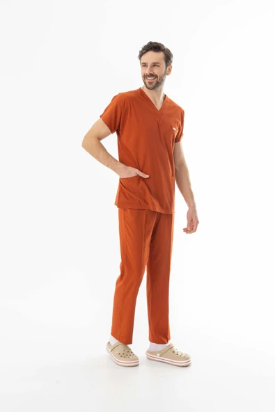 Likra Yarasa Kol Doktor Hemşire Forması Alt Üst Takım Kiremit (LYRS1005) - 7