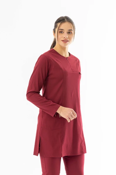 Likra Uzun Kol Doktor Hemşire Forması Alt Üst Takım Bordo (LTST20003) - 3