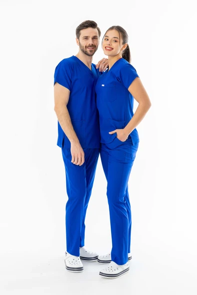 Likra Yarasa Kol Doktor Hemşire Forması Alt Üst Takım Saks Mavisi (LYRS1009) - 6