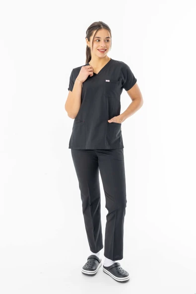 Terikoton Yarasa Kol Doktor Hemşire Forması Alt Üst Takım Siyah (TYRS0002) - 2