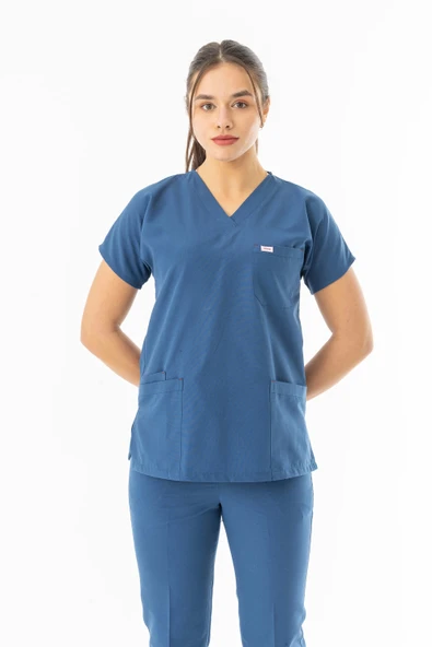 Terikoton Yarasa Kol Doktor Hemşire Forması Alt Üst Takım Petrol Mavisi (TYRS0009) - 3