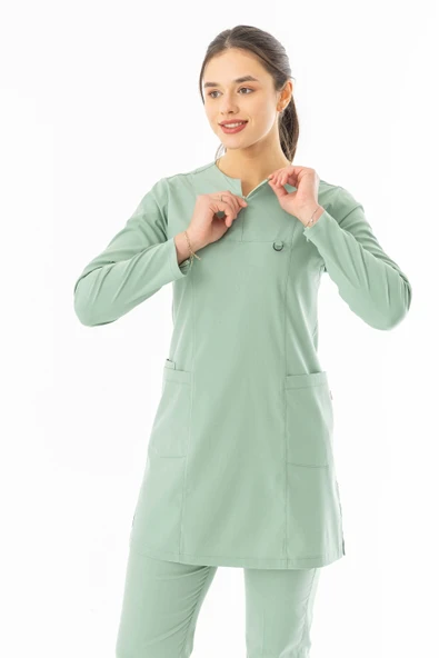 Likra Uzun Kol Doktor Hemşire Forması Alt Üst Takım Küf Yeşili (LTST20020) - 5