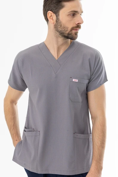 Gofre Likra Yarasa Kol Doktor Hemşire Tek Üst Forma Açık Gri (GFR3008) - 5