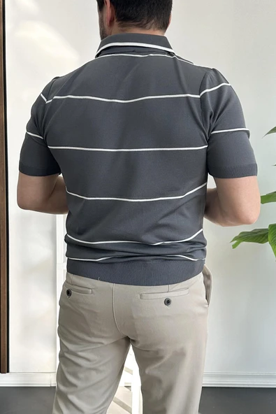 Erkek Açık Yaka Yan Çizgili Tişört Füme Edw259 - Resim 4
