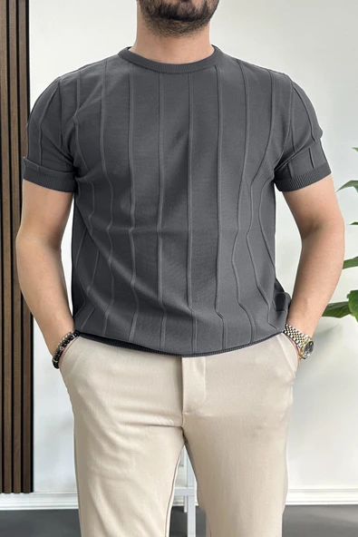 Erkek Bisiklet Yaka Desenli Tişört Füme Edw260 - 1