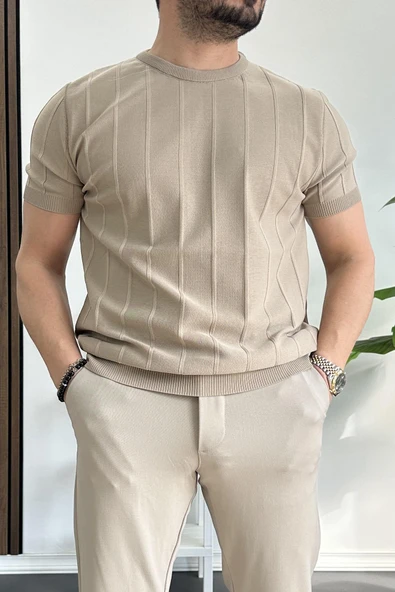 Erkek Bisiklet Yaka Desenli Tişört Vizon Edw260 - Resim 2