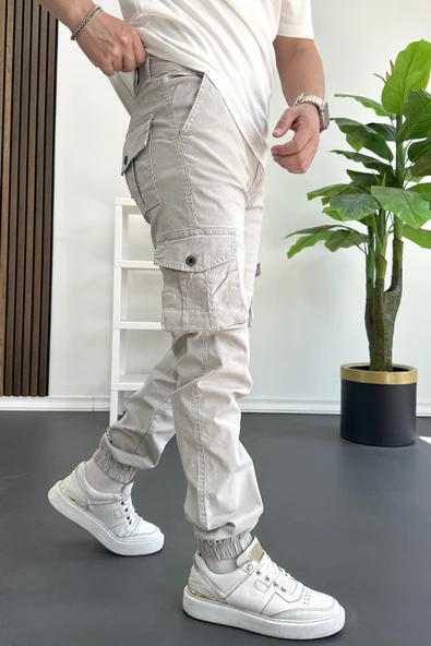 Erkek Paçası Lastikli Kargo Cepli Pantolon Taş Rengi Edw353 - Resim 2