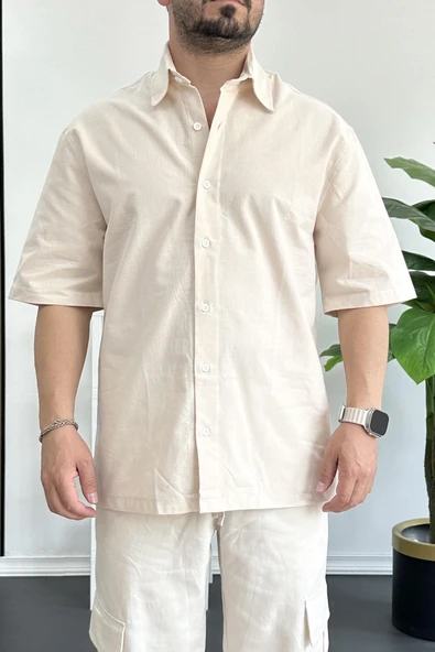 Erkek Oversize Büyük Kalıp Pamuklu Kumaş Krem edw363 - 2