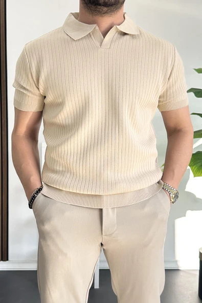 Erkek Açık Yaka Çizgili Desenli Tişört Krem Edw258 ürün görseli