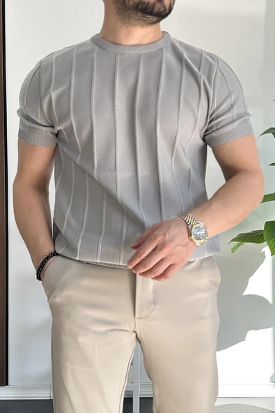 Erkek Bisiklet Yaka Desenli Tişört Gri Edw260 - Resim 2