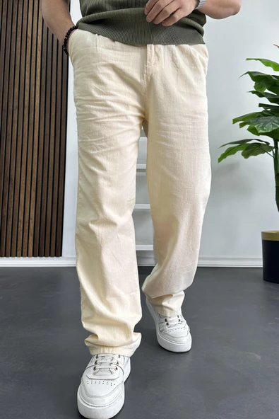 Erkek Rahat Kalıp Keten Pantolon Krem Edw266 ürün görseli