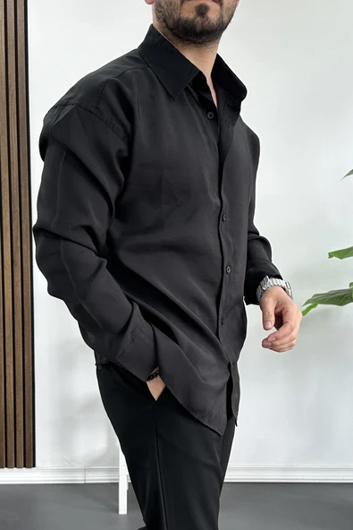 Erkek Salaş Modal Kumaş Gömlek Siyah Edw267 - 3