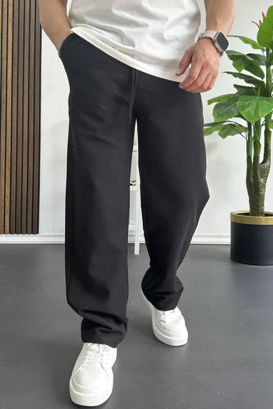 Erkek Beli Lastikli Baggy Kalıp Pantolon Siyah Edw356 - 2