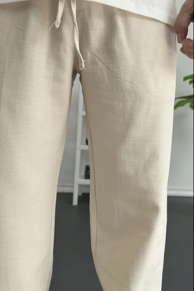 Erkek Beli Lastikli Baggy Kalıp Pantolon Krem Edw356 - Resim 5