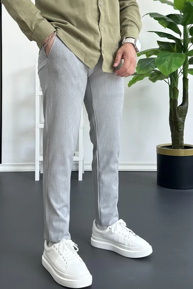 Erkek Beli Düğmeli Pamuklu Dar Kalıp Pantolon Gri Edw364 - 3