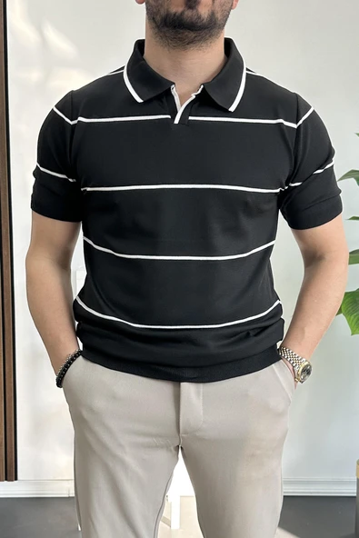 Erkek Açık Yaka Yan Çizgili Tişört Siyah Edw259 - 1