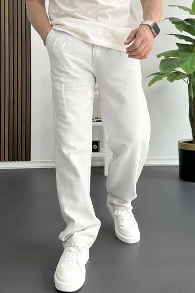 Erkek Beli Düğmeli Baggy Kalıp Pileli Pantolon Beyaz Edw357 - 2