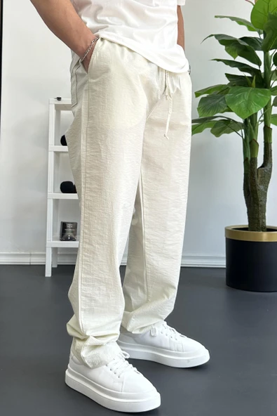 Erkek Beli Lastikli Baggy Rahat Pantolon Krem Edw359 - 4