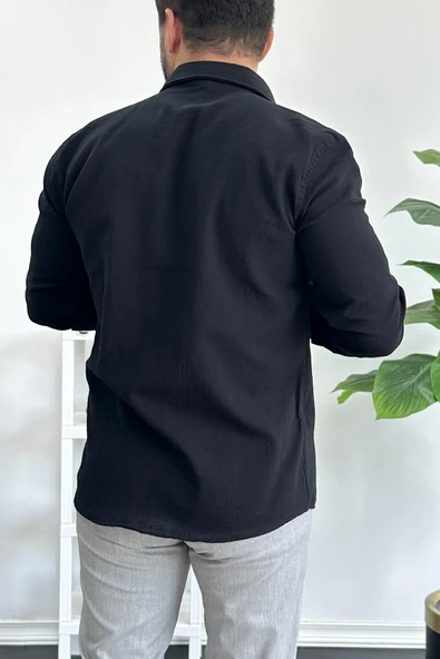 Erkek Krinkıl Kumaş Gömlek Siyah Edw362 - 3